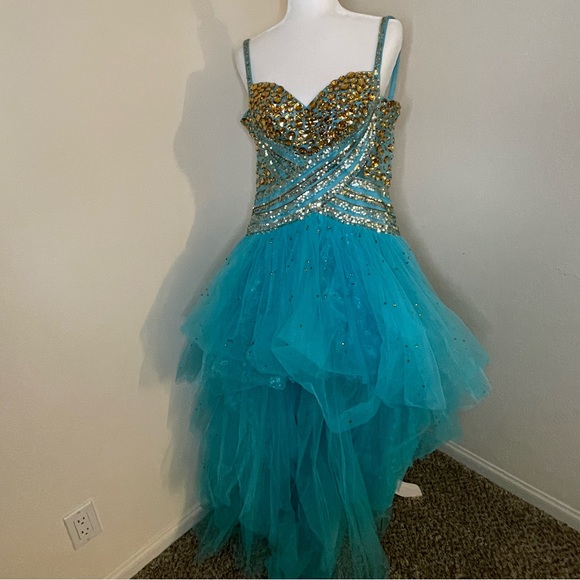 Sherri Hill high low jeweled dress blue gold - Picture 8 of 14
